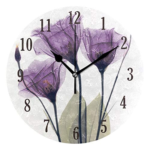 senya Wall Clock, Battery Operated Round Purple Flowers Silent Clock, Home Decor Wall Clock for Living Room, Kitchen, Bedroom