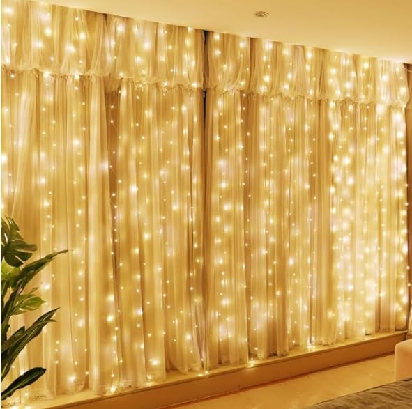 GlobaLink IP44 warmweißer Lichtervorhang 3m×3m mit 300 strombetriebenen LEDs, erweiterbar mit 8 Lichtmodi & Speicher, Dekoration für Fenster, Zimmer, Hochzeiten und Weihnachten