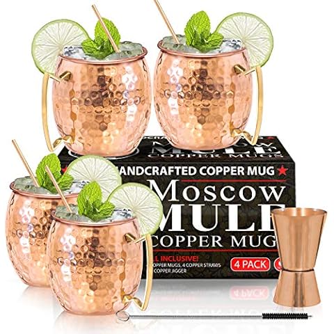 Benicci Moscow Mule Copper Mugs - Set of 4 - 100% Handcrafted - Food Safe Pure Solid Copper Mugs - 16 oz Gift Set with Bonus: Premium Quality Cocktail Copper Straws and Jigger! Cover