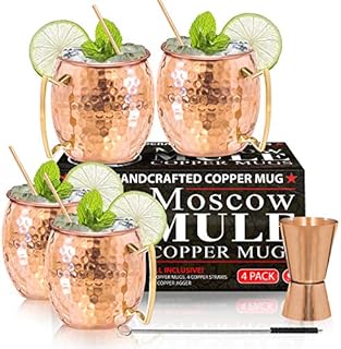 Moscow Mule Copper Mugs - Set of 4 - 100% HANDCRAFTED - Food Safe Pure Solid Copper Mugs - 16 oz Gift Set with BONUS: Premium Quality Cocktail Copper Straws and Jigger!