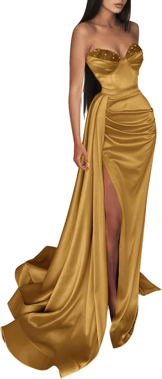 Sweetheart Prom Dresses for Women Strapless Mermaid Party Dress Long Slit Satin Formal Dress with Train