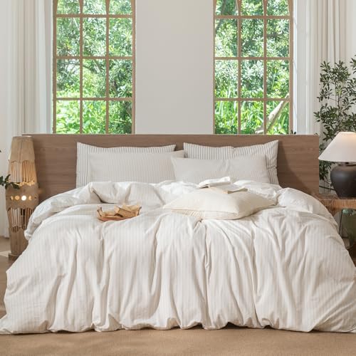 Image of MooMee Striped Duvet Cover Set 100% Washed Cotton Linen Like Twin | Relaxed Linen-like Texture. Soft, Breathable & Long-lasting Comfort. Lightweight. Hidden Zipper with 8 Interior Corner Ties