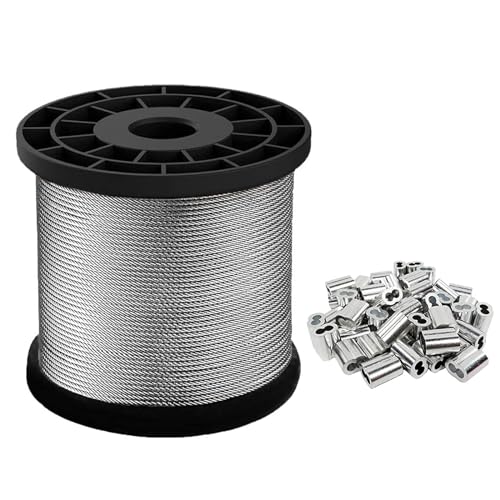 ESuaLs 100 Meter Stainless Steel Wire Rope Diameter 1.8-2.5Mm, 7 * 7 Strand Heavy Duty Steel Cable with Crimping Clamps Loop Sleeve,Diameter 2.5mm