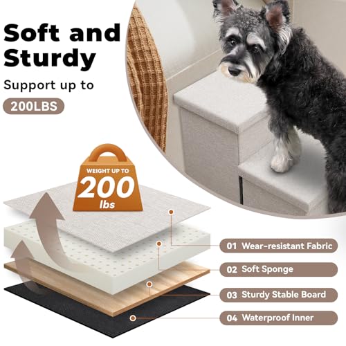 Image of Zerbuger Dog Stairs with Condo 18 inch H, 3-Step Wider Dog Steps for High Beds Couch, Folding Storage Pet Stairs Gift for Small /Medium /Large Old Dogs Cats, Ramp for Climbing Car Up to 200 lbs, Beige