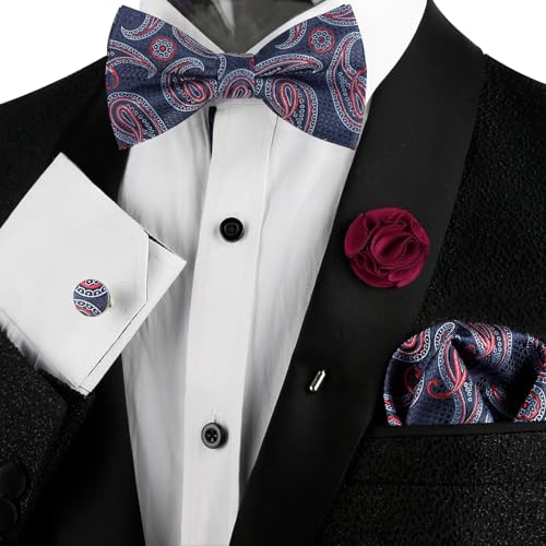 Image of Alizeal Mens 4pcs Vintage Paisley Bow Tie Set | Pre-tied Pocket Square Cufflinks Boutonniere for Wedding Everyday Use