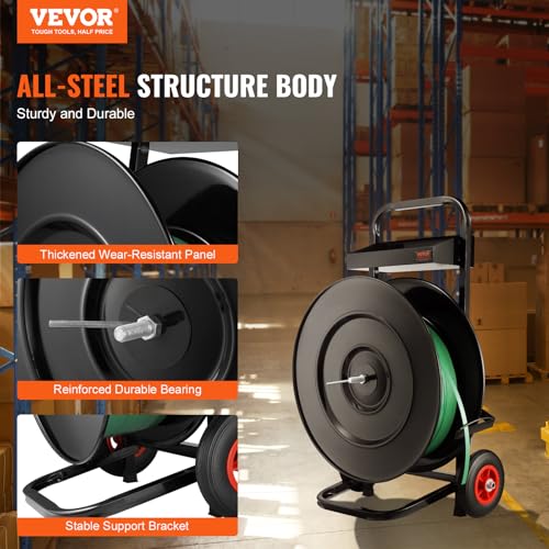 Image of VEVOR Banding Strapping Cart, for PET /PP /Fiber Strapping Coils with 8 inch or 16 inch Core Size, Heavy Duty Strapping Dispenser, Equipped with Anti-Retreat Pulleys, Upgrade Brake System, Spacious Tray