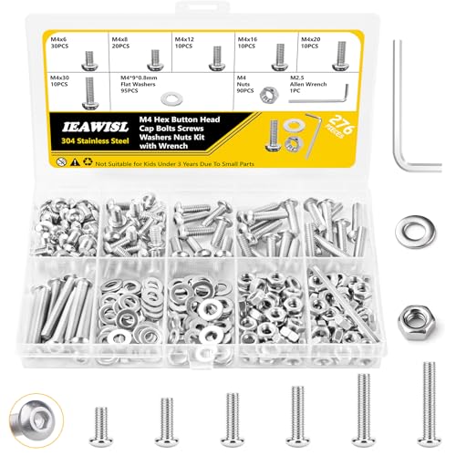 Image of 276 Pcs M4 Bolts and Set, M4 Button Head Hex Socket Cap Screws Bolts and Washers, 304 Stainless Steel Bolts Nuts Washers Assortment Kit for Machine Repair and DIY, Allen Wrench Included