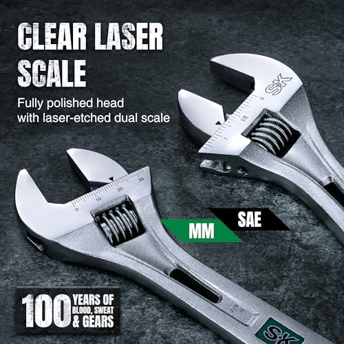 Image of SK 8-Inch Adjustable Wrench, 1-1 /4 inch Jaw Capacity, SAE&Metric Scales | X-Frame Handle, Precision Jaw, Heat Treated CR-V Steel, Chrome-Plated Rust Resistant Finish