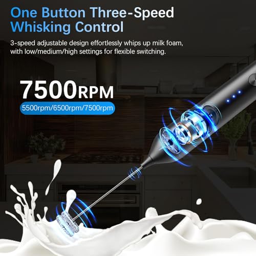 Image of Rechargeable Milk Frother with Stand,3-Speed Handheld Coffee Electric Whisk, Detachable Stainless Steel Frother Wand, Coffee Frother & Drink Mixer for Latte, Cappuccino, Hot Chocolate, Egg (Black)
