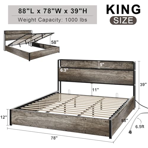 Image of AMERLIFE King Size Lift Up Storage Bed Frame, Wooden Platform Bed Frame with Lifting Storage & Charging Station, No Spring Box Needed /Noise Free, Rustic Grey