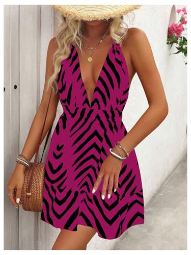 Image of SweatyRocks Women's Printed Tie Backless Mini Dresses Ruffle A Line Sleeveless Low Cut Halter Dress