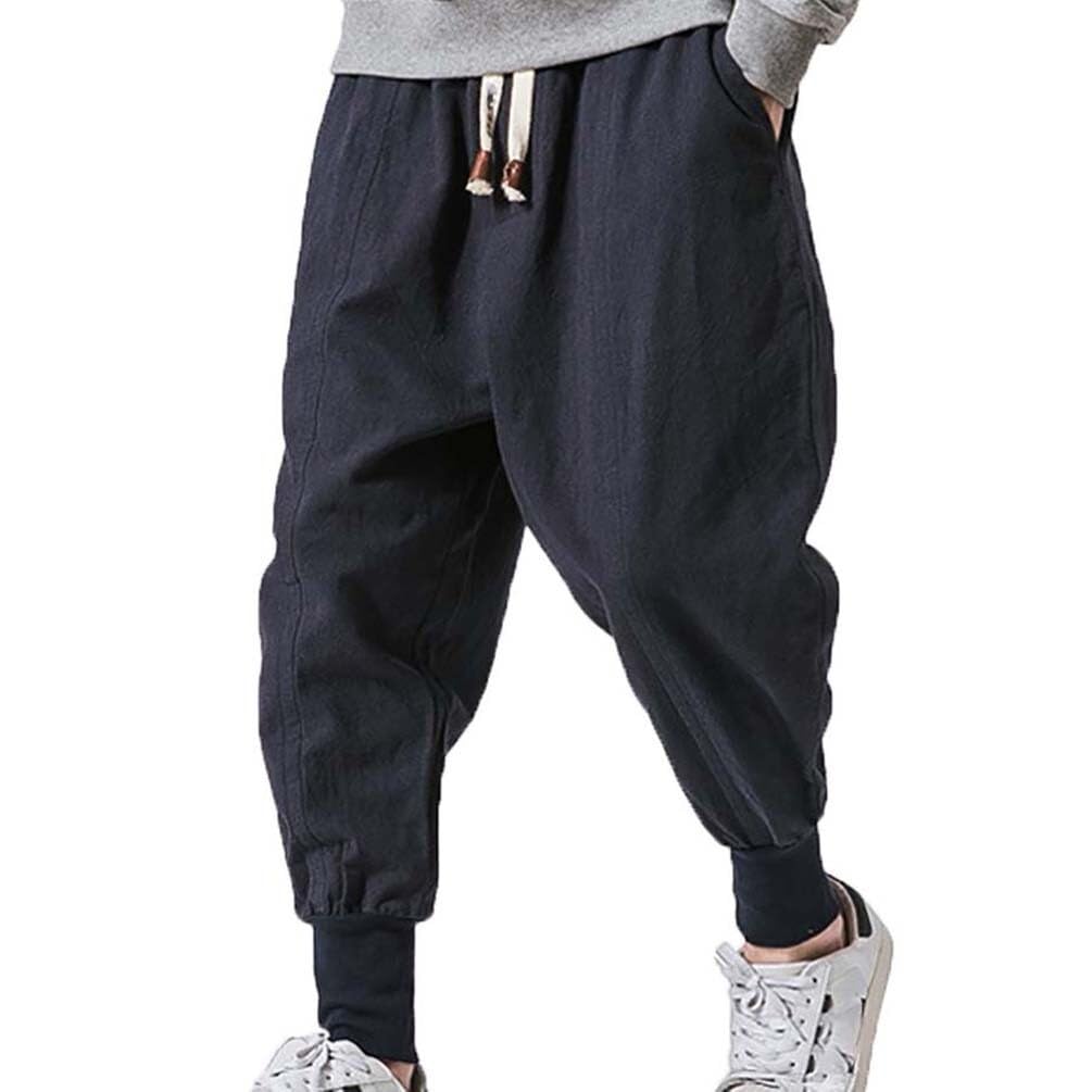 Męskie lekkie i luźne japońskie lniane spodnie haremki, rozciągliwe, luźny krój, styl joggingu, rozmiary S-5XL (granatowe, XXL)