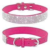Haoyueer Rhinestone Dog Collar, Cute Dazzling Sparkling Soft Suede Leather Dog Cat Rhinestone Collar Crystal Diamond Pet Dog Puppy Collar(Hot Pink,S)