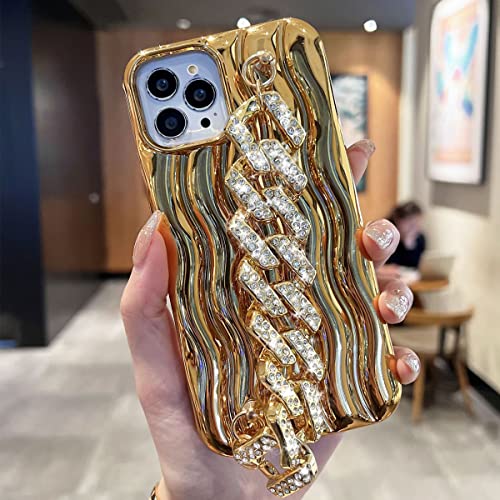 Changjia Water Ripple Pattern Case For Iphone 14 Pro Max With Diamond Wrist Strap, Cute Glitter Bling Sparkle Rhinestones Shockproof Soft Tpu Women Girls Phone Case For Iphone 14 Pro Max 6.7" (Gold) #TOP4