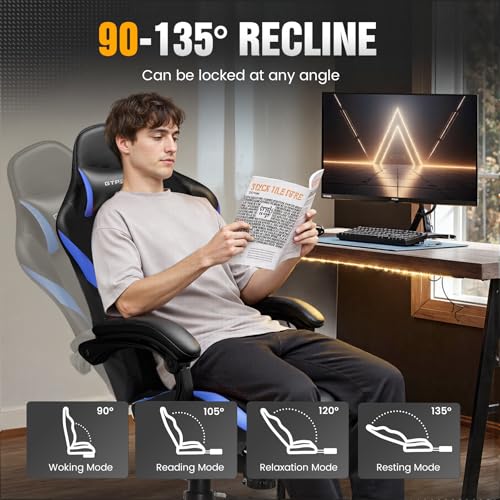 GTRACING Gaming Chair with Foot Rest & Pocket Spring Cushion, Ergonomic High Back Computer Chair with Headrest & 360°-Swivel Seat for Home Office Desk, PU Leather, Blue