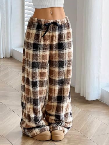 Image of ZAFUL Women's Fuzzy Plush Pajama Pants Wide Leg Pj Bottoms Lounge Pants | Soft Fluffy Sleep Pants Drawstring Elastic Waist Teddy Pjs for Women No Pockets