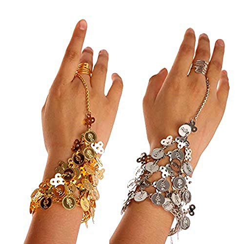 Yozone Belly Dance Silver Triangle Bracelet Hand Jewelry Ladies Silver Bracelet Ladies Belly Dance Jewelry Coin Bracelet Bracelet with Ring - 2 Pcs (Silver) - Image 6