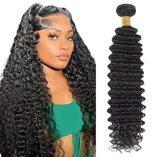 Natural Black Bundles Human Hair Deep Wave Bundles Human Hair 26 Inch #1B Single Bundle Human Hair Extension for Women 100g Total
