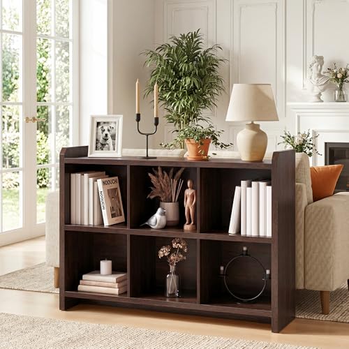 Image of 6 Cube Low Storage Organizer, 45 inch Long Horizontal Bookshelf, Dark Walnut