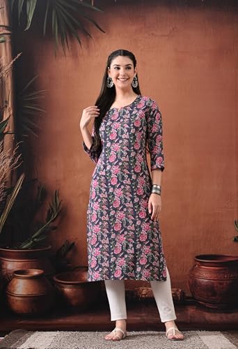 Image of Ichaa Women's Pure Cotton A-Line Katha-Work Ethnic Round-Neck Kurta with 3 /4th Sleeve for Daily and Office Wear, in Plus Sizes