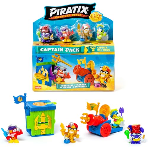 PIRATIX Adventure World Serie Golden Treasure–Captain Pack Hat Trick. Incluye 4 Piratix;capitán Dorado y piratix Sorpresa, 4 Accesorios,Fortaleza,cañón, 2 Tesoros exclusivos y 2 Banderas.Pack 1 de 6