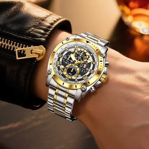 Image of OLEVS Men's Watch Luxury Big Face Stylish Original Business Dress Moon Phase Two Tone Stainless Steel Waterproof Calendar Wrist Watch