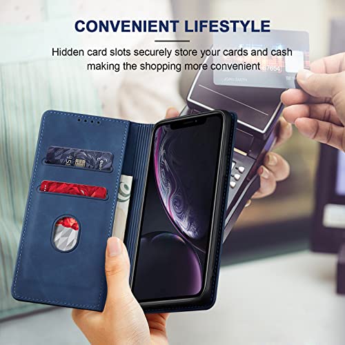 Image of Jasonyu Flip Wallet Case for iPhone XR,Leather Magnetic Folio Cover with Card Holder,Kickstand - TPU Shockproof Durable Protective Phone Case,Blue