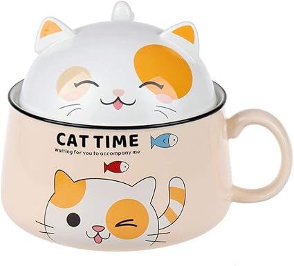 Instant Chat Mignon Bol De Nouilles Avec Couvercle Japonais Etudiant En Ceramique Ramen Bol A Soupe Dortoir Mignon Boite A Lunch Fille Avec Poignee Microwaveable Bureau Bowl Color Yellow Amazon Fr