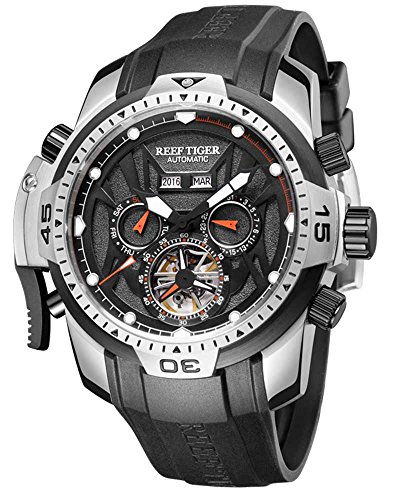 Reef Tiger Men's Complications Large Dial Military Watch Rubber Band Black (Black)