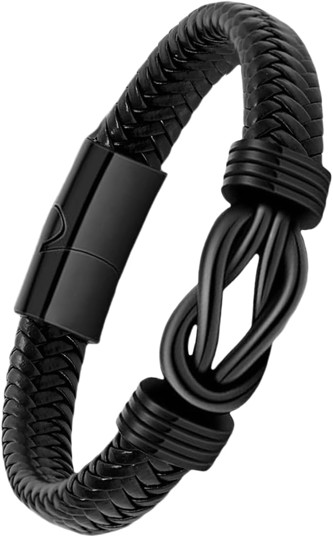 Braided Leather Bracelet for Men Black with Stainless Steel Clasp - Perfect for Everyday Wear & Gifts Christmas & Valentine's Day