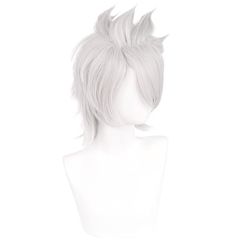 Miniatura 3 de JoneTing Blanco plateado para cosplay+ gorra de pelucaPeluca de cosplay blanca plateada, peluca corta plateada para Halloween, pelucas de pelo