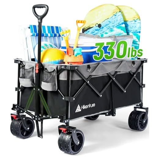 Hikenture Collapsible Wagon with Big Wheels, Enlarged Capacity Beach Wagon for Sand, Heavy Duty Folding Wagon Cart with 2 Drink Holders, Portable Utility Foldable Garden Cart for Outdoor, Camping