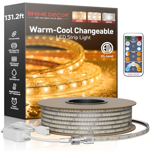 Image of Shine Decor LED Strip Light Connectable, CCT 2800-6000K Warm-Cool Changing Tone for Room, 131FT 120V Plug-in Outdoor Rope Lighting Cold Resistant Waterproof ETL Listed, Remote Timer Available