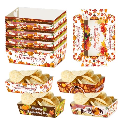 16 Pieces Thanksgiving Paper Food Boats Disposable Paper Boat Trays, Autumn-Themed Party Food Serving Tray Boat Basket, Food Boats for Snack Popcorn Sandwich Burger Taco BBQ Dessert Fries Nacho