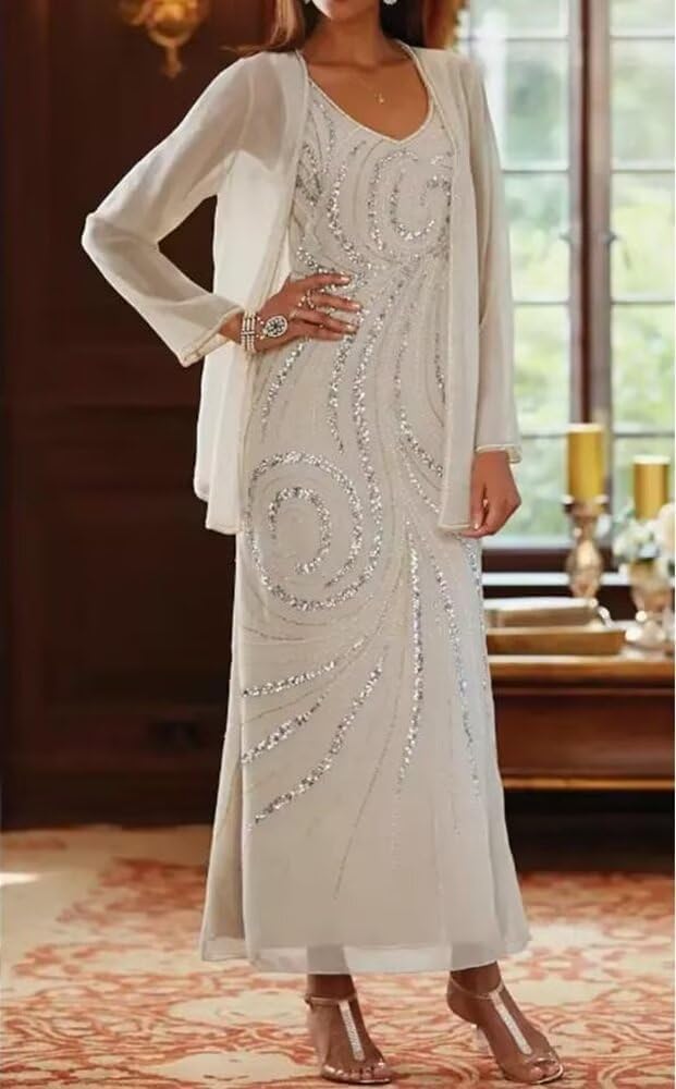 Sequin 2 Pieces Mother of The Bride Dresses for Wedding with Jacket Beaded Wedding Guest Dress Long Sleeve Evening Gown