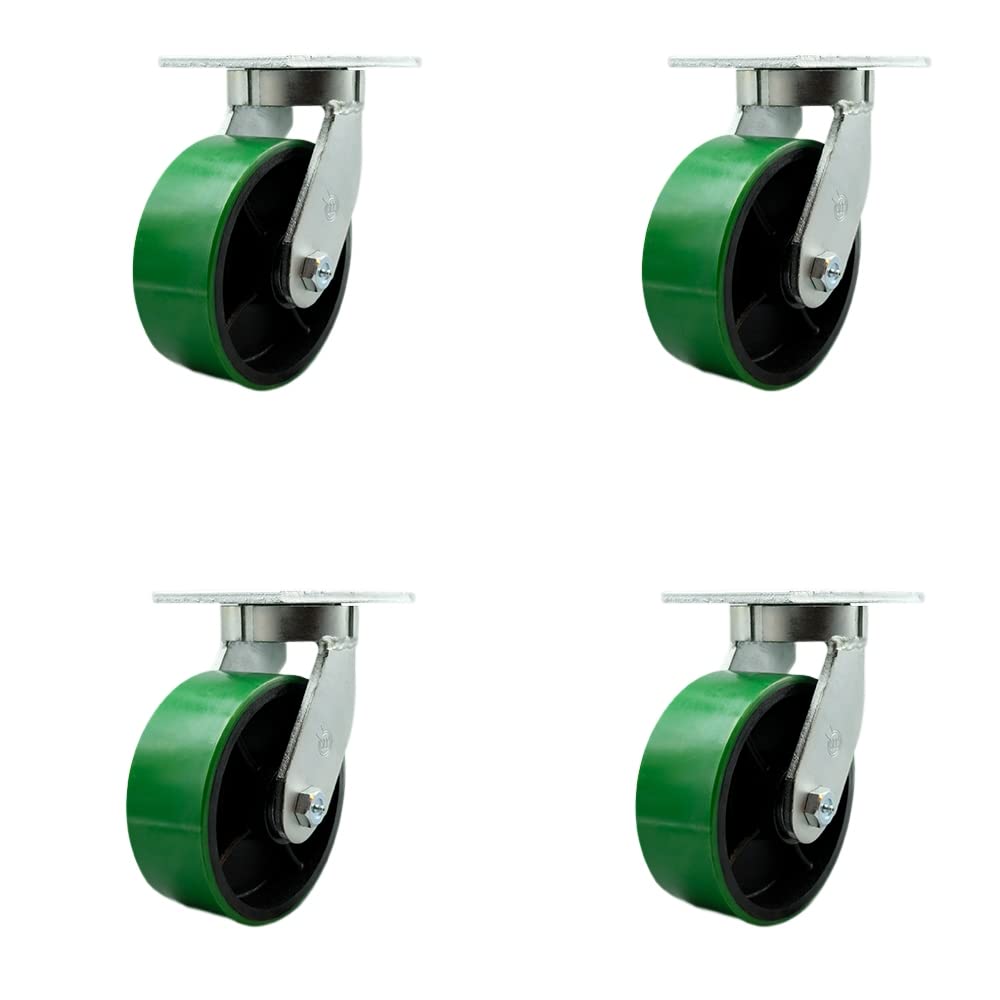 8 Inch Swivel Top Plate Caster Set Extra Heavy Duty Casters with Green Polyurethane on Cast Iron Wheels - Includes 4 Swivel with Bolt on Swivel Locks-Casters Set of 4 Heavy Duty- Service Caster Brand