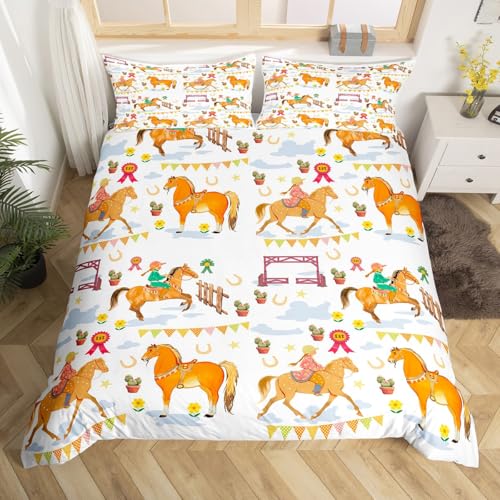 Homewish Housse de Couette 140x200 Fille Chevaux, Parure de Lit Enfant 1 Personne Cheval de Course, Sets de Housses de Couettes Cow-Girl Occidentale, Couvre Lit Animaux...