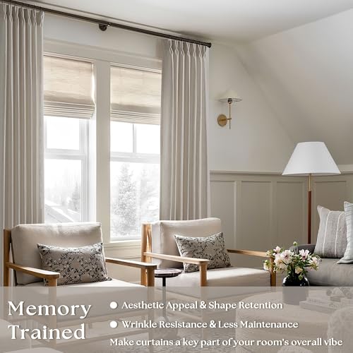 Image of Pinch Pleated Linen Curtains 112 Inches Long for Living Room 2 Panels Set Greyish Beige Flax Double Pleated Drapes Back Tab Farmhouse Ceiling Floor 112 Inch Window Curtains Bedroom Burlywood Birch