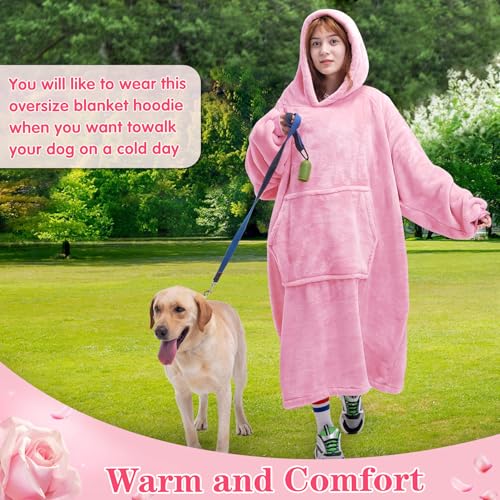 Image of Waitu Wearable Blanket Sweatshirt Gifts for Women and Men, Warm and Cozy Giant Blanket Hoodie, Thick Flannel Blanket with Sleeves - Bright Pink