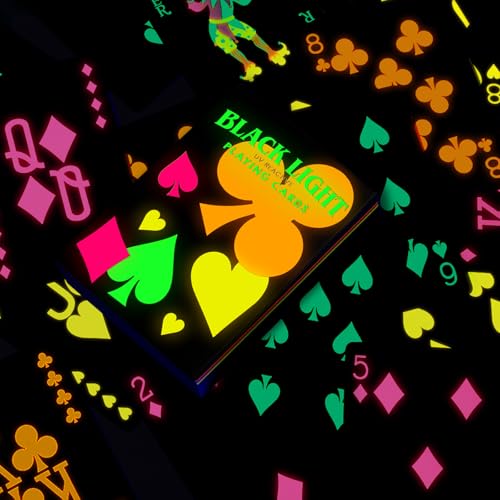 Silipull Paquete de 2 cartas de juego de luz negra UV, fluorescente, brilla en la oscuridad, juegos de luz negra para coleccionistas nocturnos de casino, accesorios de regalo de fiesta, suministros de