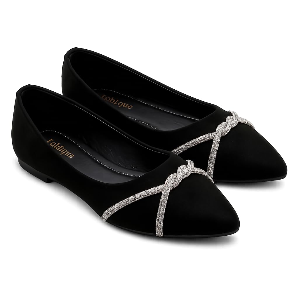 Black Suede Pointed Toe Ballet Flats with Rhinestone Knot-image-12