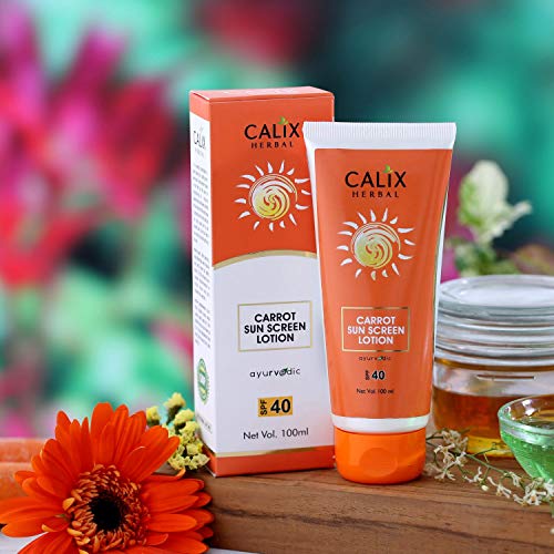 Image of Calix Herbal Ayurvedic Sunscreen SPF 40 Carrot Sun Screen Lotion For Women /Men - Sunscreen Cream For Indian Summer Condition -Help in Sun Protection From UVA /UVB Rays | For All Skin - 100 Ml