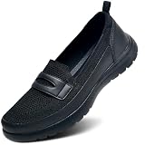 Buyrew Black Loafers for Women - Comfortable Mesh Knit Slip On Walking Shoes with Arch Support...