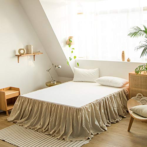 BISELINA Faldón de cama de lino francés con volantes plisados, caída a medida de 22 pulgadas, mezcla de lino natural, volantes, suave y acogedora ropa de cama de granja (22 pulgadas matrimonial, lino