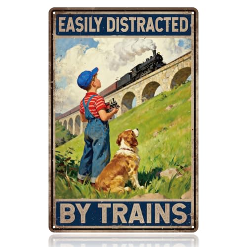 WADORN Targa in metallo vintage con scritta "Easily Distracted by Trains", 30,5 x 20,3 cm, con scritta in inglese "Little Boy Golden Retriever", divertente cartello artistico per amanti dei treni