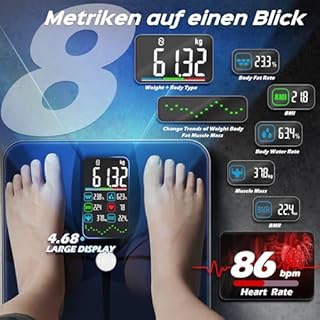 Bilancia Pesapersone Digitale, Bilancia Impedenziometrica Professionale, Smart Bilancia Massa Magra e Grassa BMI con 22 Indici, Bilancia Pesapersone Professionale con App (Nero, Ricaricabile)