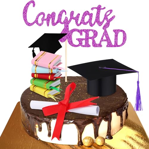Lineshading 8 Pcs Class of 2025 Congrats Grad Cake Topper Diploma Book 2025 Graduation Cake Decoration for 2025 High School College Graduation Celebration Party Supplies(Purple)