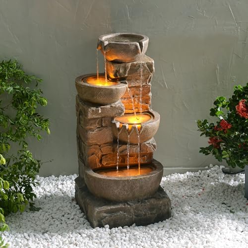 Image of Teamson Home 33.27 inch Cascading Bowls & Stacked Stones LED Water Fountain for Outdoor Living Spaces, Brown