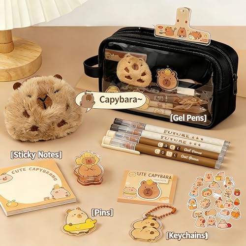 Image of Kawaii Capybara Pencil Case Kit with Plush +Notepad+Pendant+Stickers+Binder clips+Diary Clip+Pens, 5-Layer Large Capacity Capybara Stationery Set Gifts for Office, Makeup. (Black)