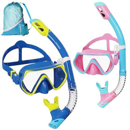 Equipo de snorkel DRMAWIN para adultos y niños, set con máscara de vidrio templado 180°, snorkel de tope seco, anti-vaho y bolsa de malla para transporte